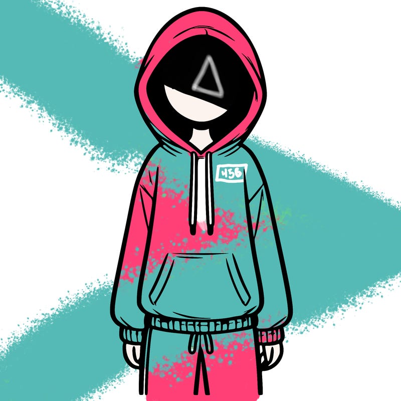 faceless girl in a tracksuit with a hood on and no hair