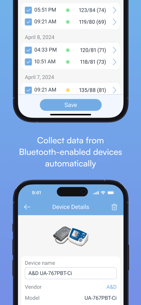 Interfaz de la aplicación Diario de presión arterial de MedM que muestra un registro de lecturas de presión arterial y detalles de conexión de dispositivos Bluetooth