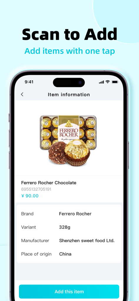 Ailit: inventory&invoice - Mobile interface of Ailit app showing product details and scan to add feature