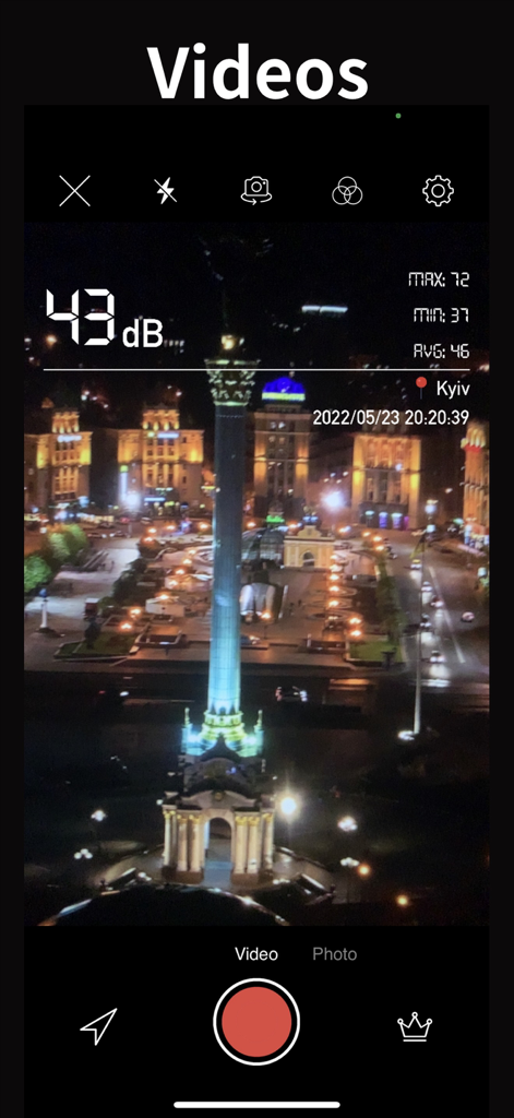 Decibel Meter: Sound dB Level - Interface de gravação de vídeo do aplicativo Medidor de Decibéis com dados de nível de som ao vivo e sobreposição de localização.
