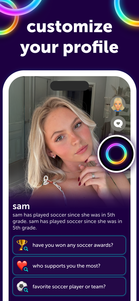 A screenshot of the sendit app showing a user profile for sam with customizable bio and interactive social prompts.
