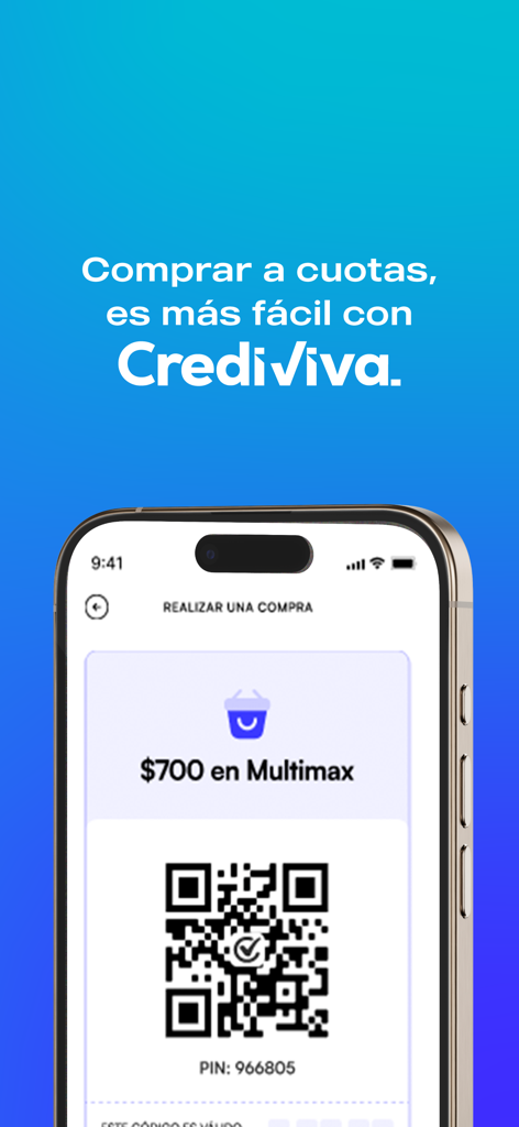 Crediviva - Aplicación móvil Crediviva que muestra un código QR para una compra a plazos en tienda
