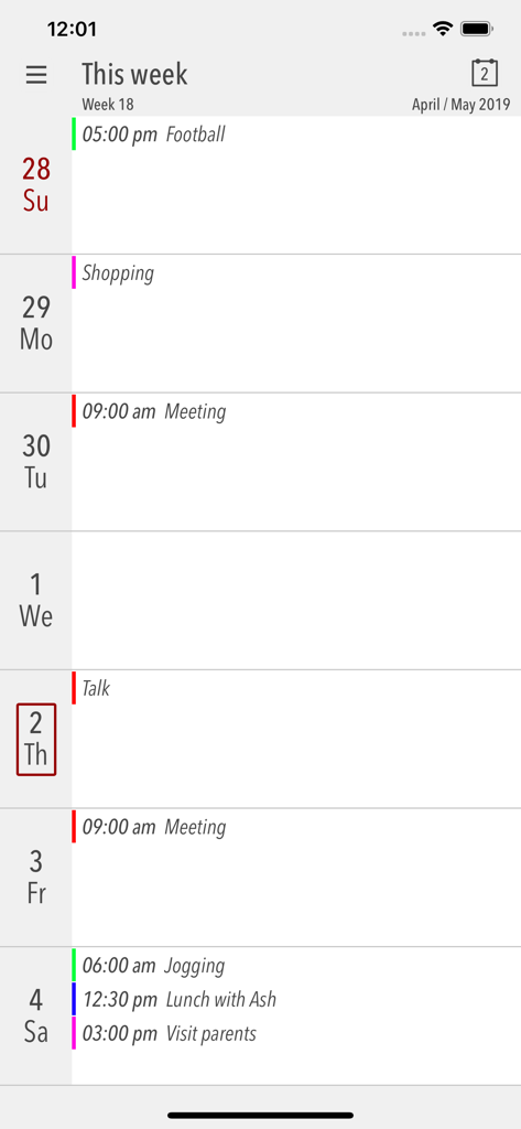 Cali - The Calendar App - Cali calendar app weekly schedule view featuring a minimalist design with color coded events