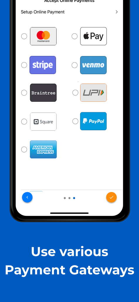 Interface mobile montrant les passerelles de paiement intégrées, y compris Stripe PayPal et Venmo pour une facturation en ligne facile