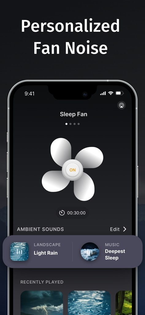 Tap Fan Noise for Sleep - Una interfaz de aplicación móvil que muestra un icono de ventilador con sonidos de sueño personalizables como lluvia ligera y música