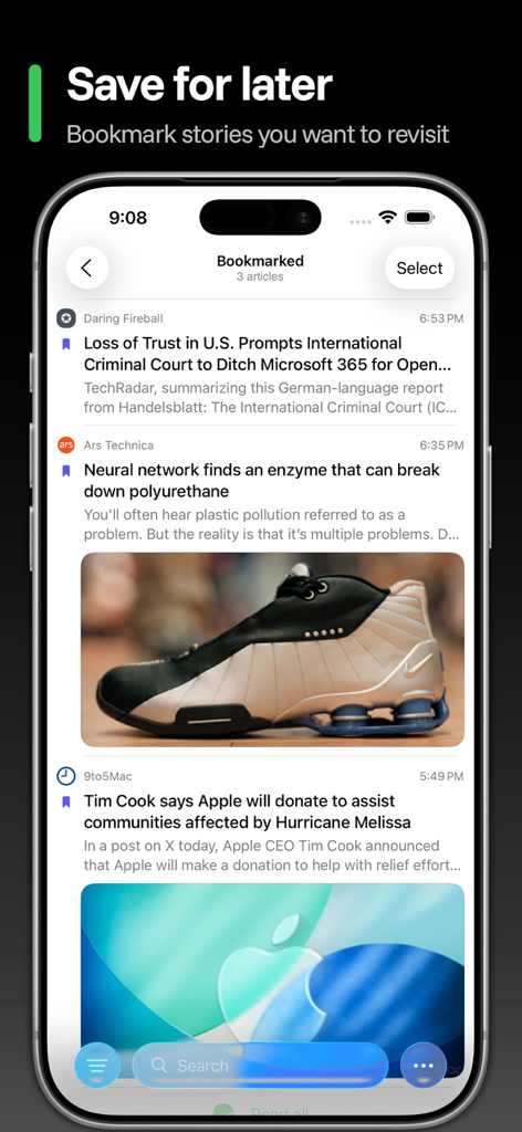 iPhone-Screenshot des Newsbin RSS Readers, der mit Lesezeichen versehene Nachrichtenartikel zur späteren Lektüre anzeigt.