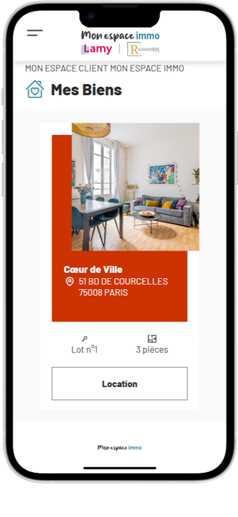 Mon espace immo particuliers - Écran mobile affichant une annonce de location immobilière à Paris avec photos et détails