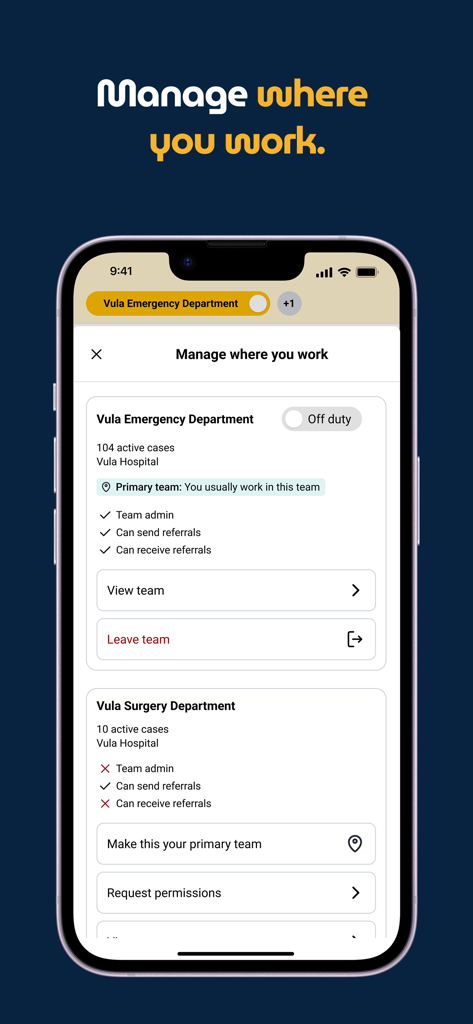 Vula Medical Referral - Pantalla de la aplicación Vula Medical para gestionar departamentos hospitalarios y estado de guardia