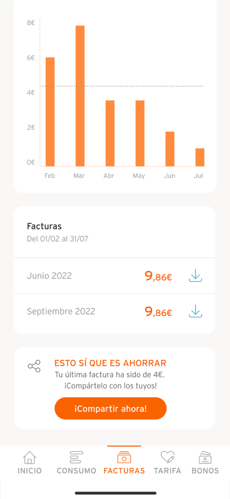 Gráfico de faturamento mensal e lista de faturas no aplicativo móvel Simyo