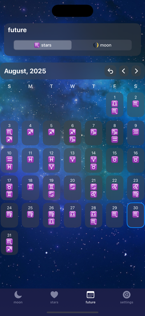 Monthly astrological calendar view for August 2025 showing daily moon signs and zodiac symbols on a starry background.