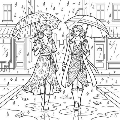 Step into a world where fashion meets comfort with this delightful rainy day coloring page. Featuring two chic women sporting elegant wrap dresses and stylish umbrellas, it's the perfect scene to bring to life with your favorite colors.