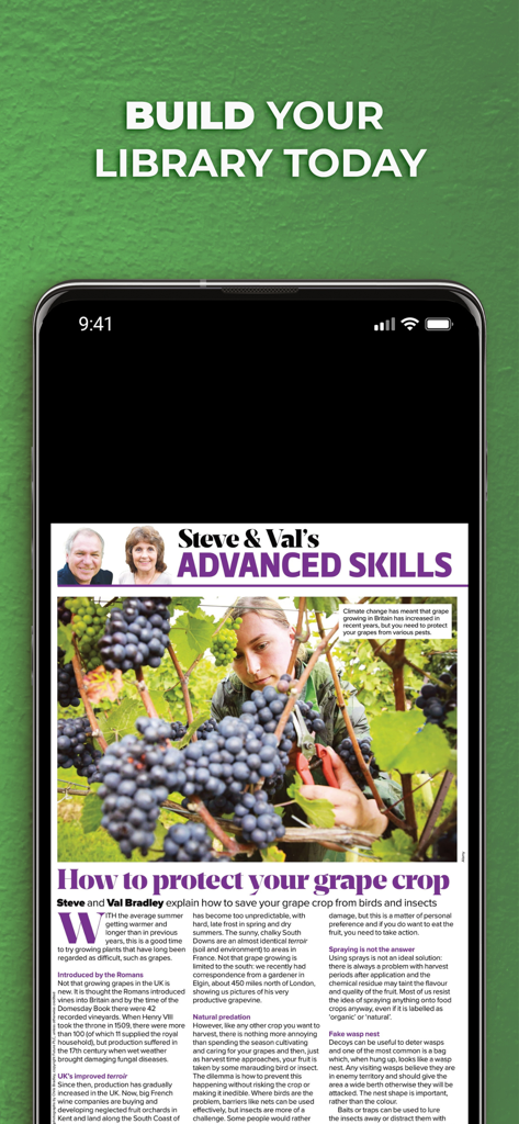 Amateur Gardening Magazine app showing an expert article on how to protect grape crops