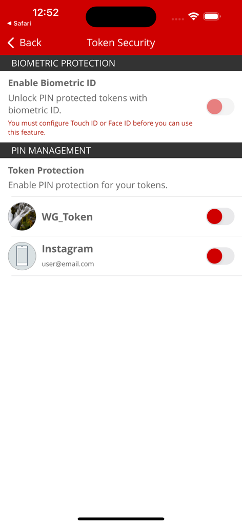 WatchGuard AuthPoint token security screen showing biometric and PIN protection settings for user tokens