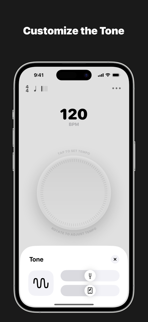 Metronome؜ - 120 BPM 및 톤 사용자 정의 설정을 보여주는 iPhone의 전문 메트로놈 앱 인터페이스