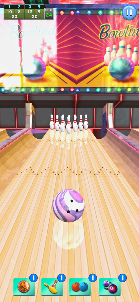 Una pista de bolos 3D que muestra una bola morada y diez bolos en un juego deportivo