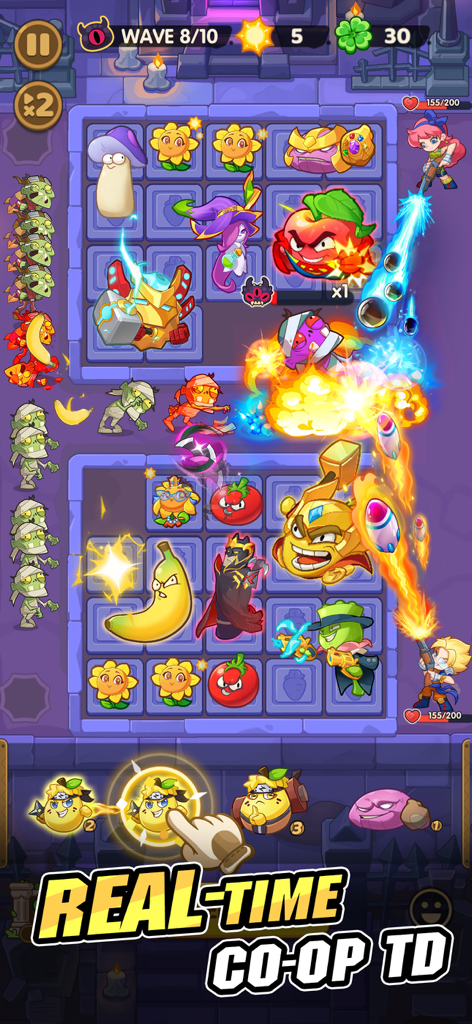 Real-time co-op tower defense gameplay in Plant Master TD Go featuring plant heroes and merging mechanics.