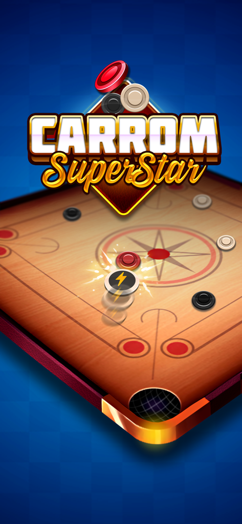 Carrom 3D SuperStar - Pantalla de inicio del juego de mesa móvil Carrom SuperStar 3D que muestra un tablero de madera y piezas