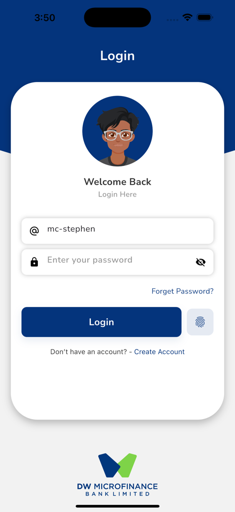 DW MFB - Login screen of the DW MFB mobile banking app