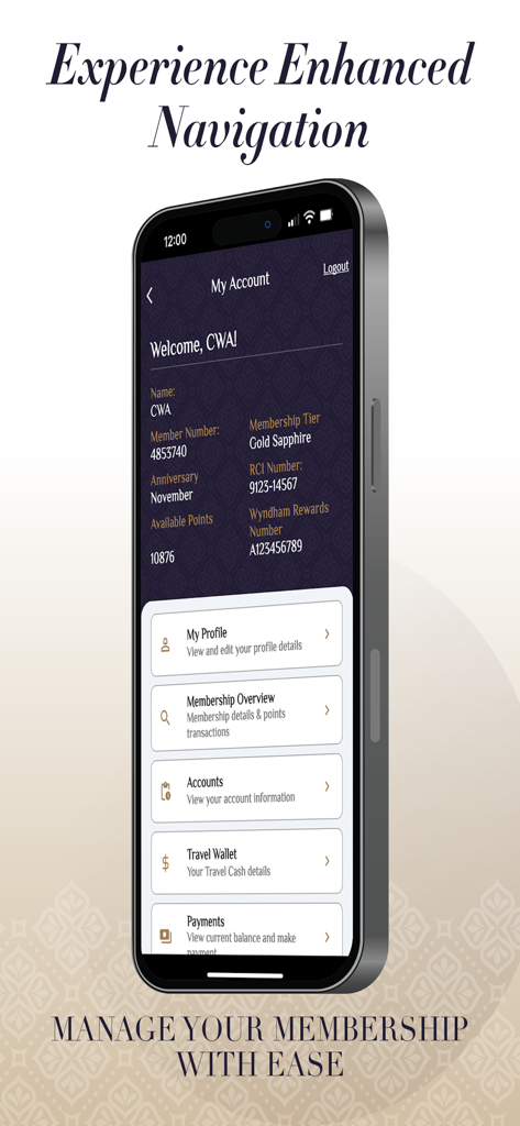 Panel de la aplicación Club Wyndham Asia para gestionar puntos de membresía y detalles de la cuenta.