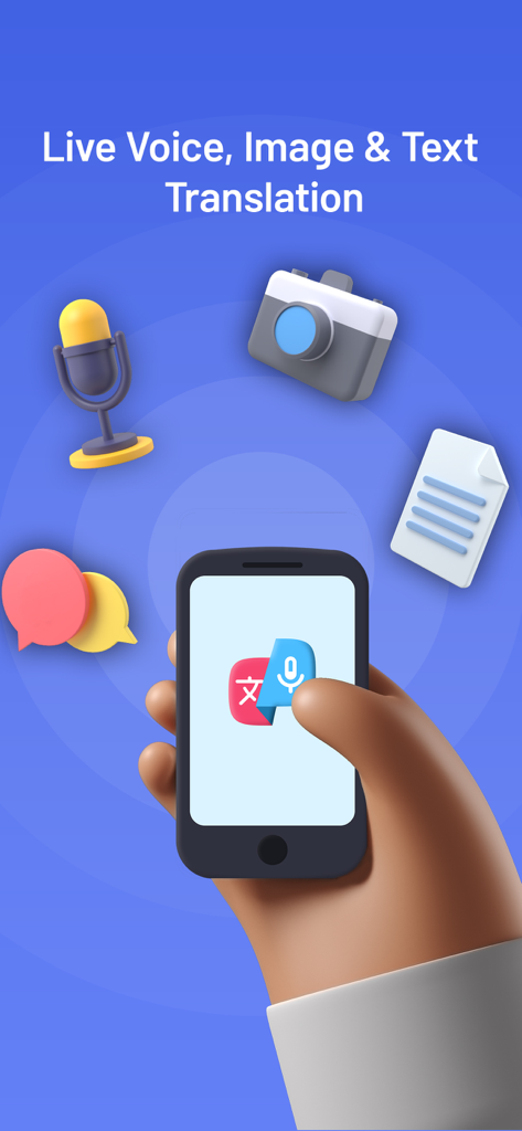 App Translator X PRO mostrando recursos de tradução de voz, imagem e texto ao vivo
