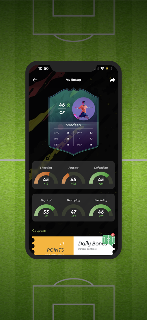 Whistle - Your sports tracker - Scheda giocatore dell'app Whistle che mostra valutazioni di abilità e statistiche sulle prestazioni