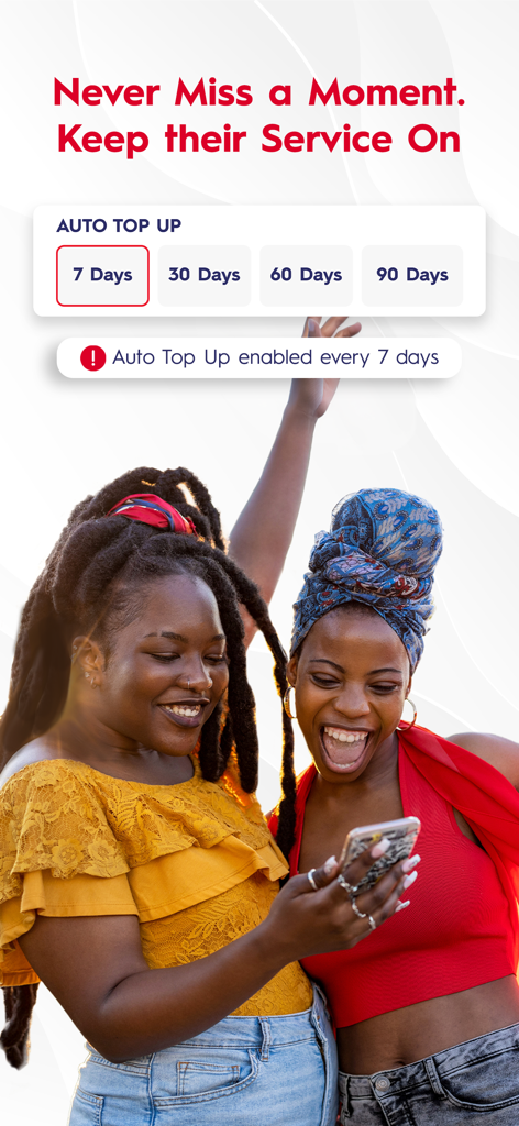 Digicel International - Two Caribbean women smiling while looking at a phone showing the Auto Top Up feature for international mobile recharge.