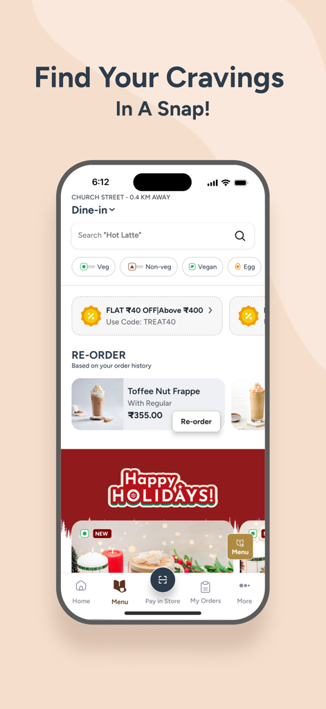 A screenshot of the Third Wave Coffee app menu interface featuring a search bar, dietary filters, and coffee re-order options.