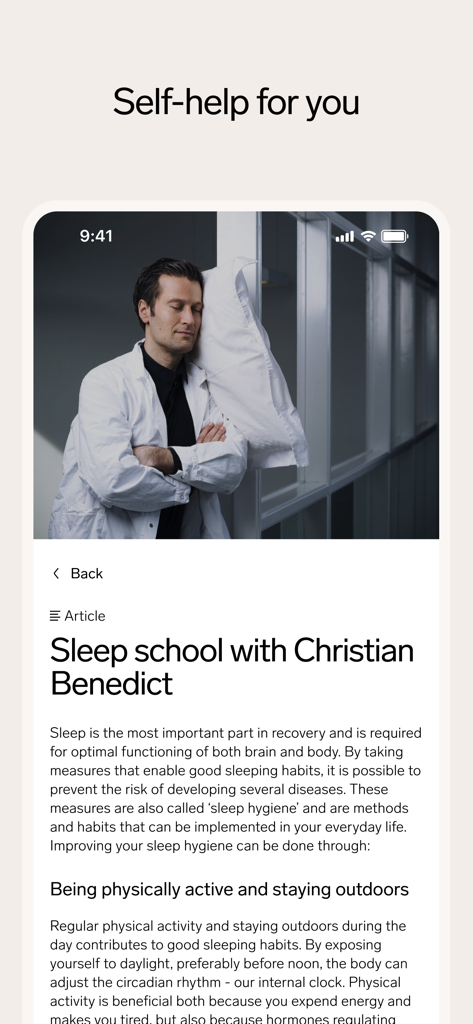 OneLab - Pantalla de la aplicación OneLab que muestra un artículo de bienestar sobre higiene del sueño