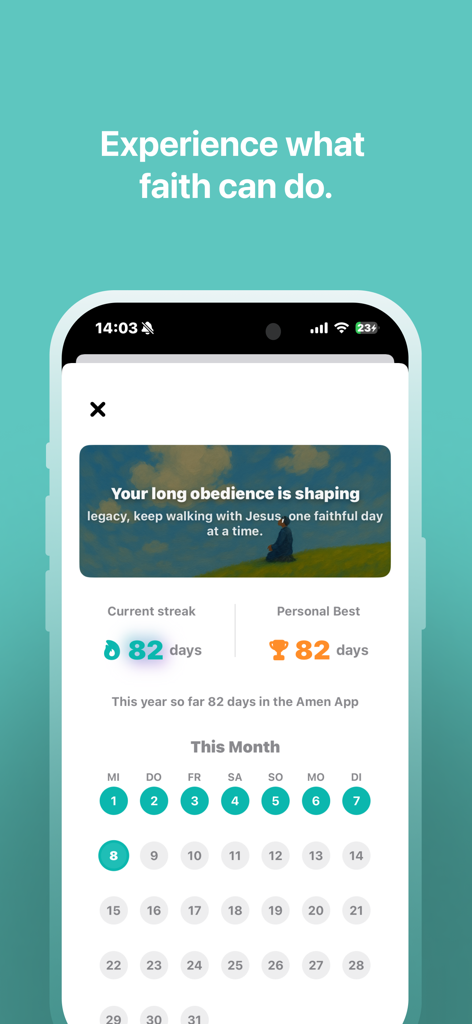 Amen Bible Chat app interface showing a 82 day streak and monthly faith progress calendar