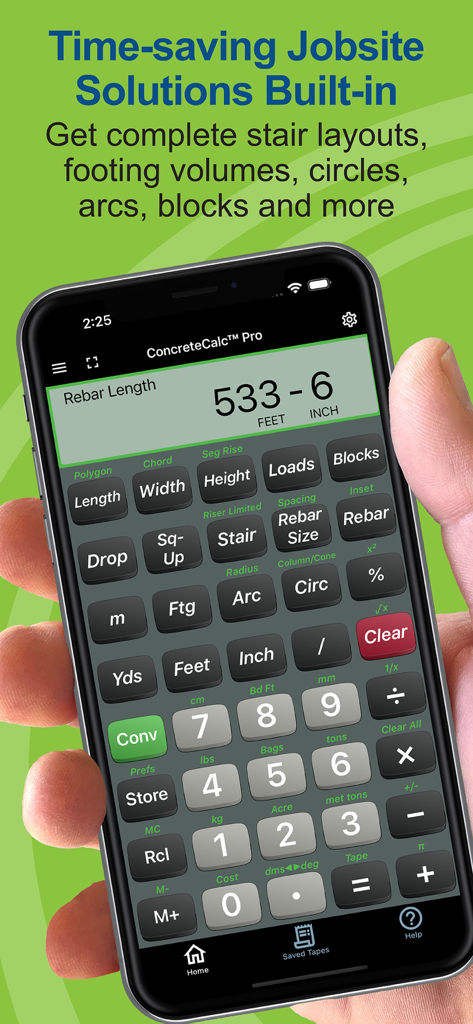 ConcreteCalc Pro construction calculator app showing rebar length calculation on a smartphone.