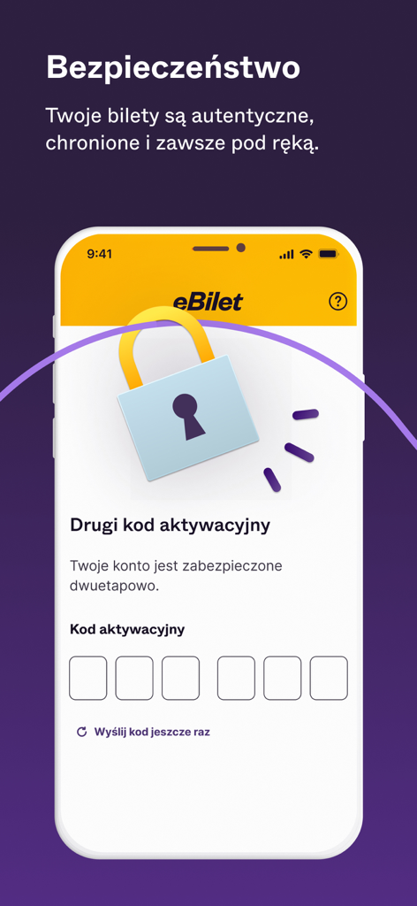 eBilet - eBilet app security screen showing two-step activation code interface with a padlock icon.