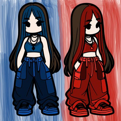 girl in baggy pants crop top and long hair