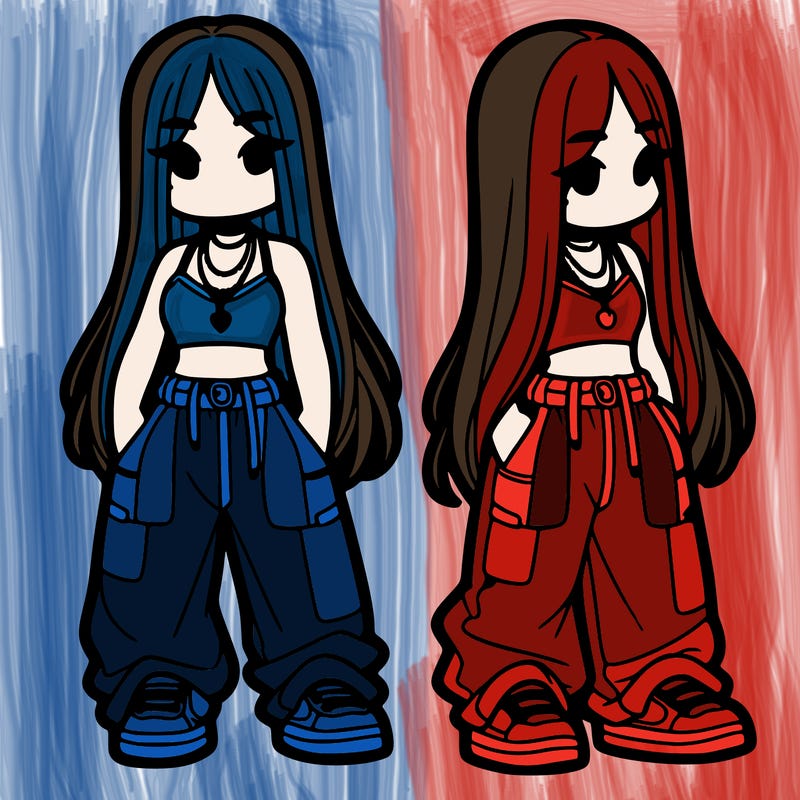 girl in baggy pants crop top and long hair