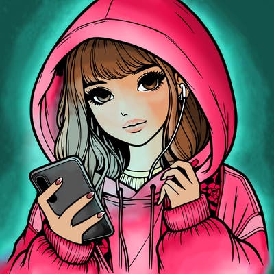 realistic girl with oversized hood and holding a phone