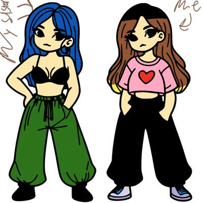 2 sisters the first is wearing a bra  and baggy pants  the 2nd is wearing black pants and a pink shirt with a heart on the shirt