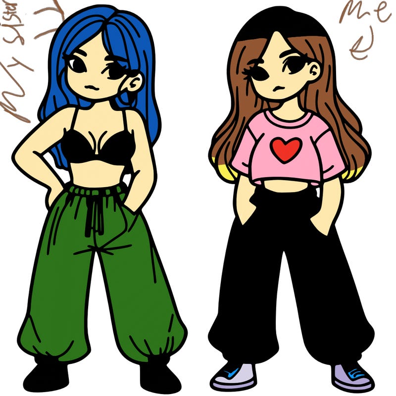 2 sisters the first is wearing a bra  and baggy pants  the 2nd is wearing black pants and a pink shirt with a heart on the shirt