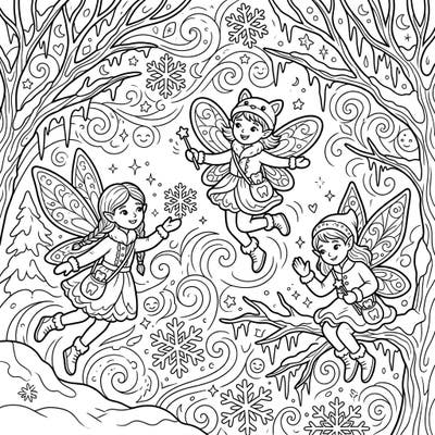 Discover a heartwarming scene where whimsical tooth fairies embrace the magic of a snowy winter wonderland. This charming coloring page is perfect for igniting imagination and bringing frosty joy to your day.