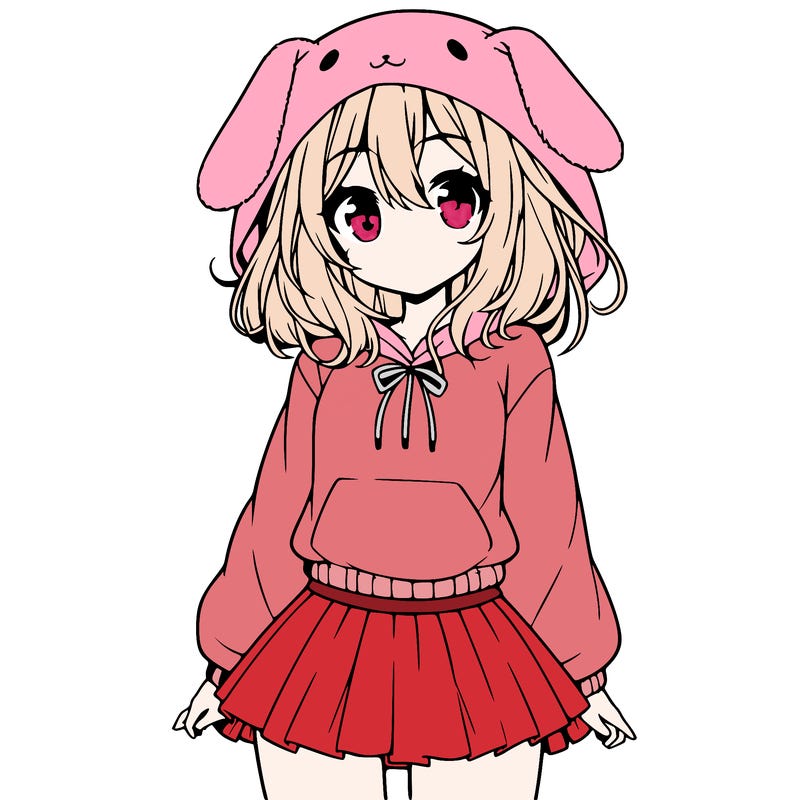 pretty anime girl wearing a fluffy hoodie with bunny ears on the hood and a skirt
