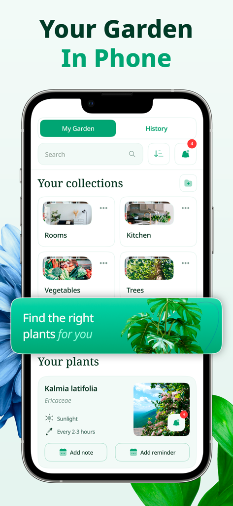 Botanica ID - Plant Identifier - L'application Botanica ID montrant la fonction de jardin numérique avec des collections de plantes et des rappels d'entretien