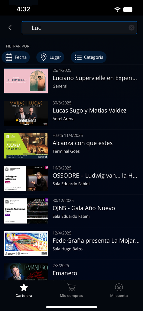 tickantel - Interface de l'application Tickantel affichant une liste de concerts et de pièces de théâtre à venir en Uruguay avec un filtre de recherche appliqué.