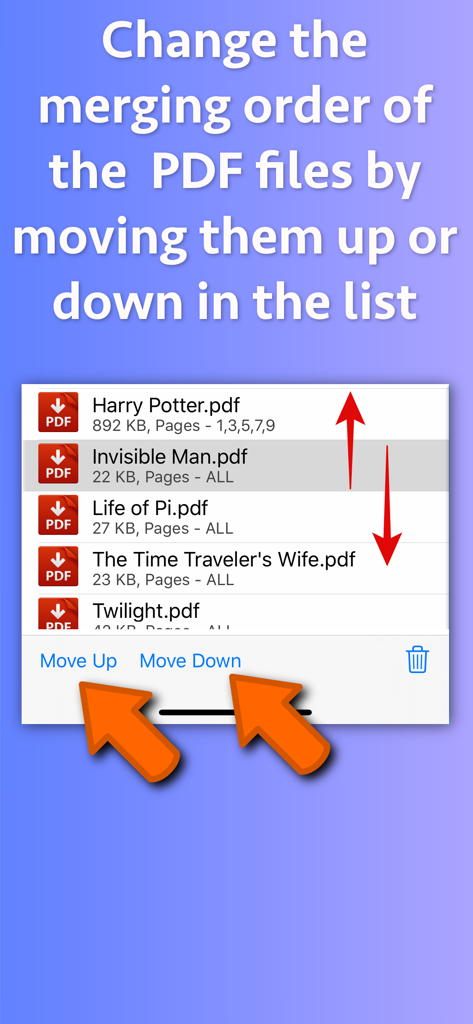 結合順序を変更するために上下に移動するボタンが表示されたPDFファイルリストを示すインターフェイス