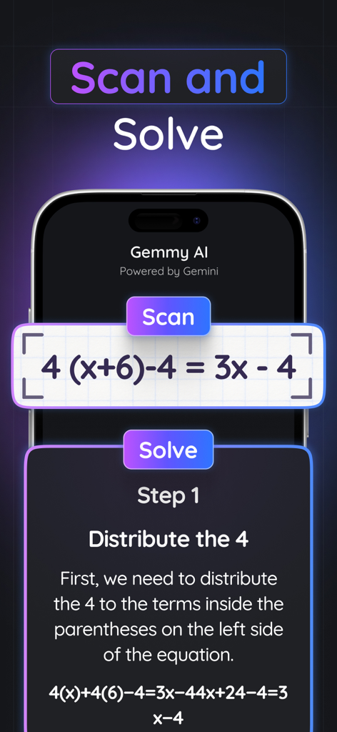 Gemmy AI: Chat & Assistant - Gemmy AI Scan and Solve feature showing a step by step math equation solution