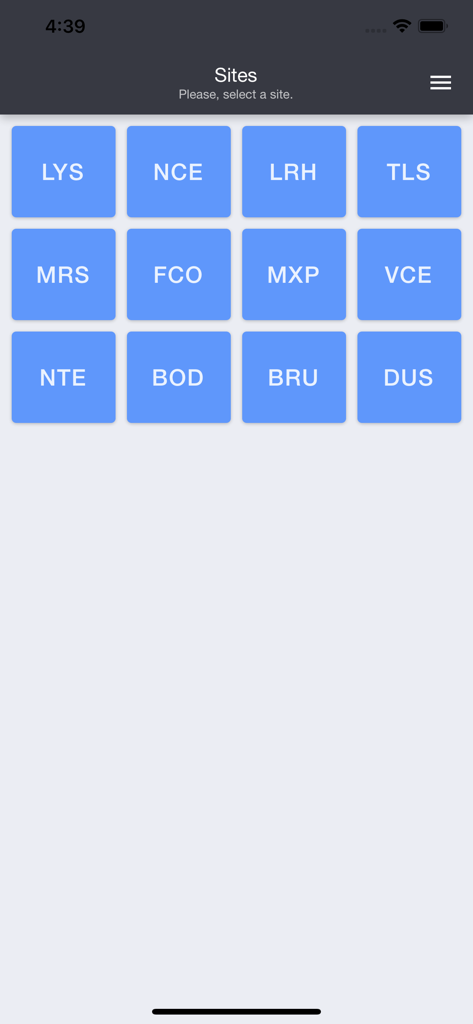 Localeez - Site selection screen displaying various airport codes in the Localeez app