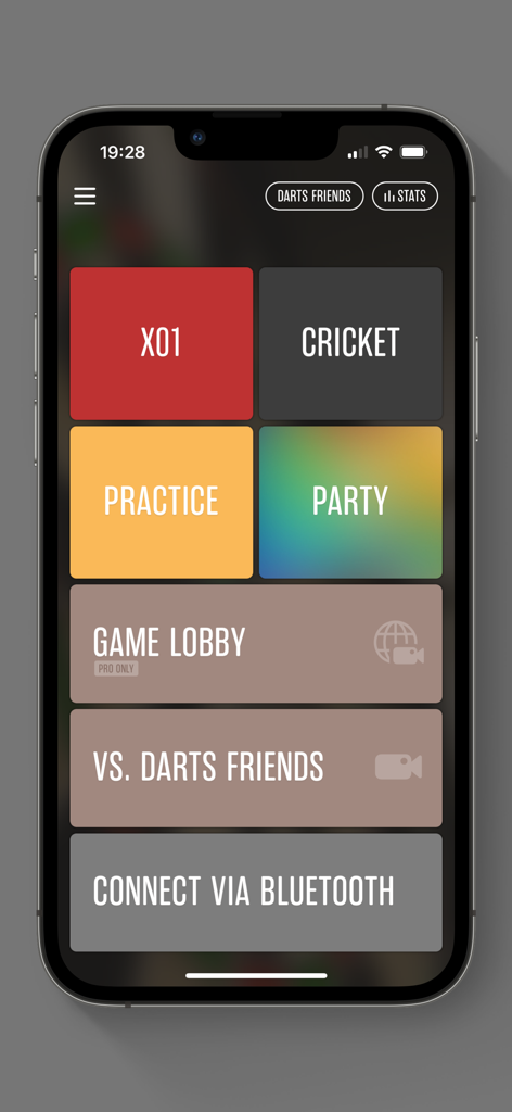 Dartsmind - Menu principal do app Dartsmind exibindo modos de jogo como X01, Cricket e Treino.