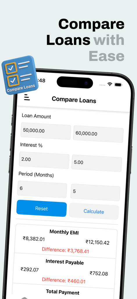 Interfaz de la aplicación móvil que muestra una comparación lado a lado de dos ofertas de préstamo con cálculos de EMI e intereses mensuales