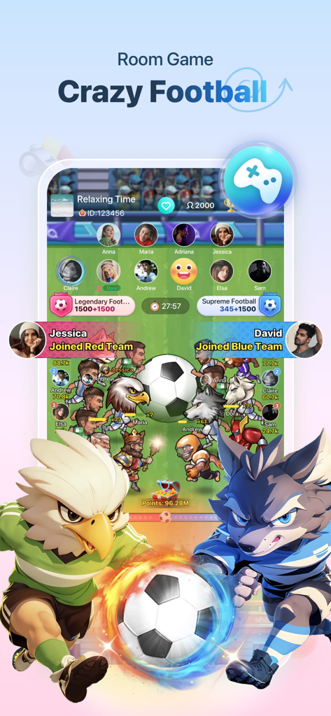 Screenshot of Crazy Football game in Yalla app with eagle and wolf mascots and multiplayer soccer interface