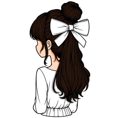 realistic girl  with hip length hair a bun and a big bow on the back of head