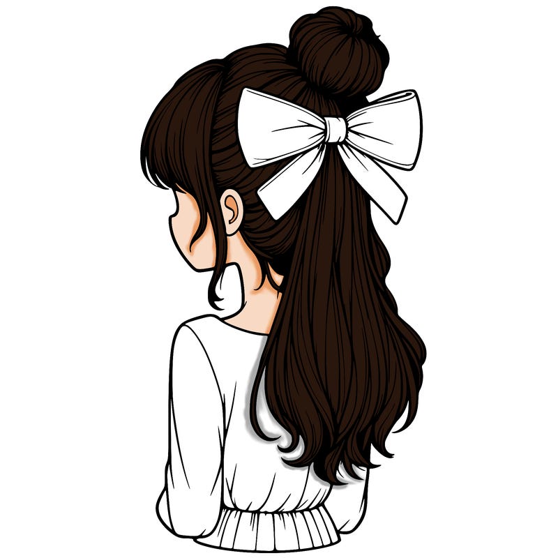 realistic girl  with hip length hair a bun and a big bow on the back of head