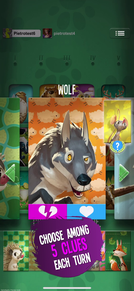 Similo: The Card Game - Eine Wolfskarte mit Herz-Symbolen und einer Aufforderung zur Auswahl aus fünf Hinweisen im Similo-Kartenspiel