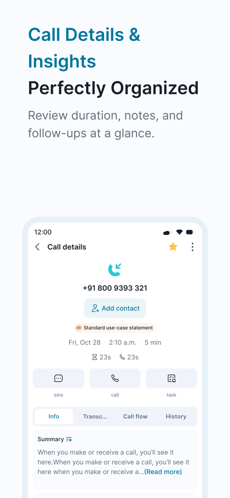 Ringover - Ringover app interface displaying call details and communication insights